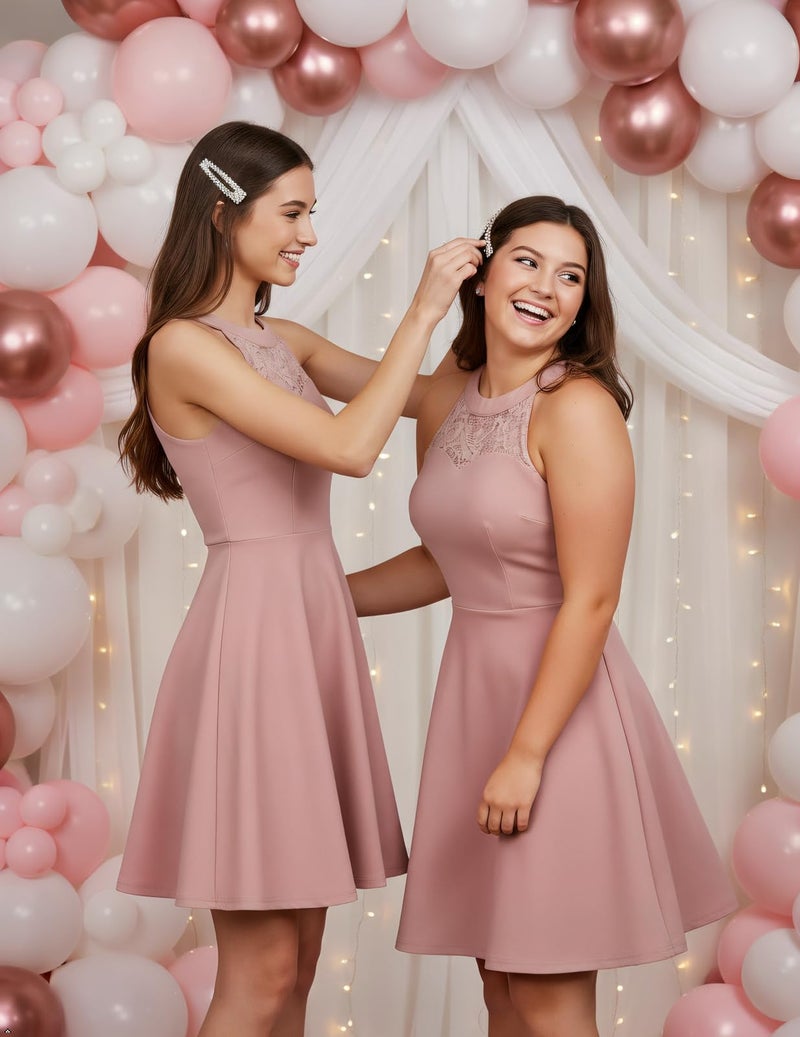Bbonlinedress Plus Size Summer Short Prom Women Bridesmaid Cocktail Wedding Guest 2024 Halter Dress Blush 2XL - Image 3